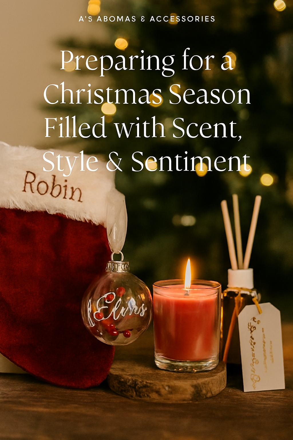 Flat lay of elegant Christmas accessories including velvet stocking, personalised ornament, candle, and fragrance bottle on blush background with fairy lights