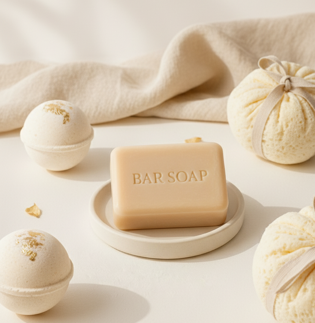 Minimalist bath set with beige bar soap, white and gold bath bombs, and soft fabric background, styled for a calming spa aesthetic