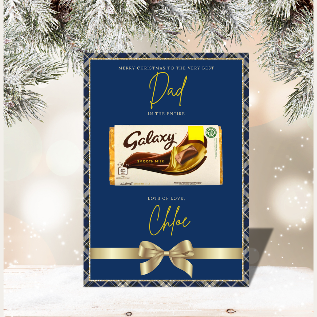 Framed Galaxy chocolate bar with personalized message against a festive background