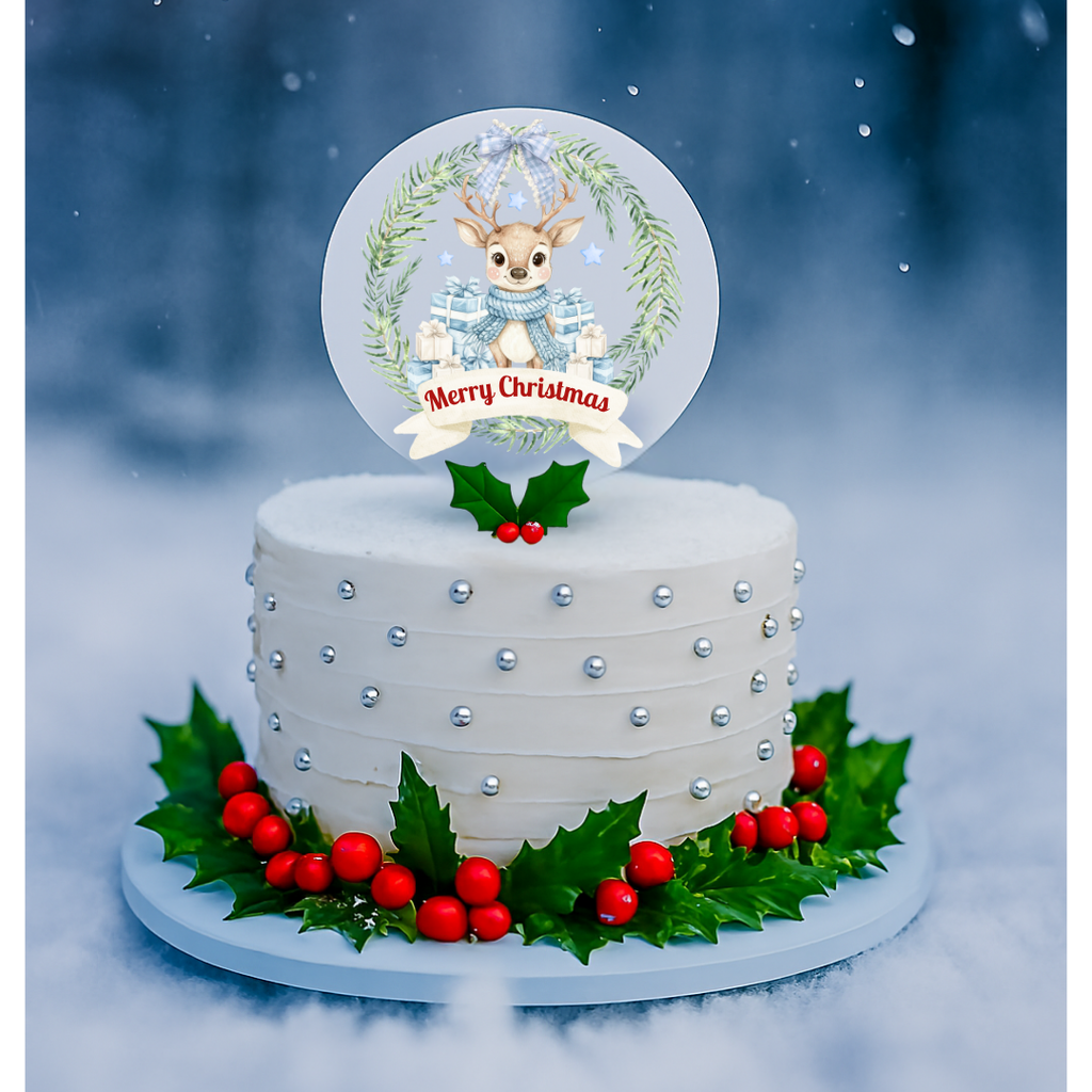 White cake with Christmas decorations including holly leaves and berries, against a snowy background.