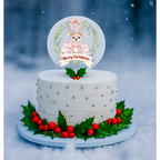 White cake with decorative elements on a snowy background