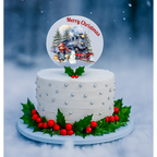 White Christmas cake with decorative elements and a 'Merry Christmas' topper against a snowy background.