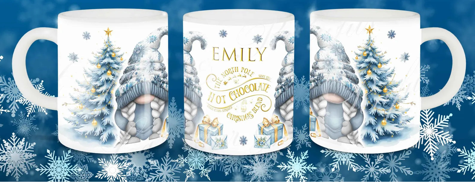Personalised Christmas mug with festive gnome, tree, and snowflake design, featuring “Hot Chocolate Served Here” text and custom name, printed on white ceramic.