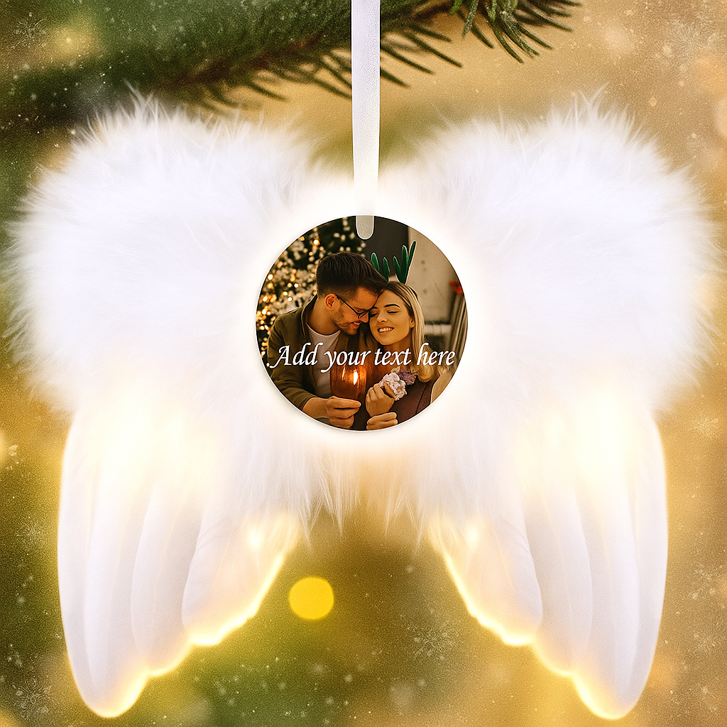 Personalised Angel Wing Memorial Ornament – Custom Photo & Text Keepsake (Heart or Round Design)