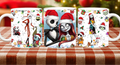 Festive ceramic mug featuring Nightmare Before Christmas characters in holiday attire, printed on white 11oz mug with snowflakes, candy canes, and ornaments.