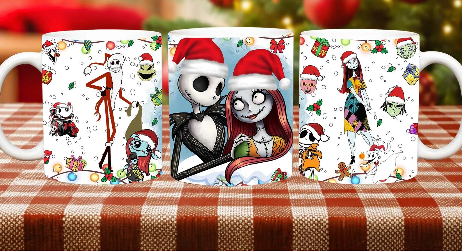 Festive ceramic mug featuring Nightmare Before Christmas characters in holiday attire, printed on white 11oz mug with snowflakes, candy canes, and ornaments.