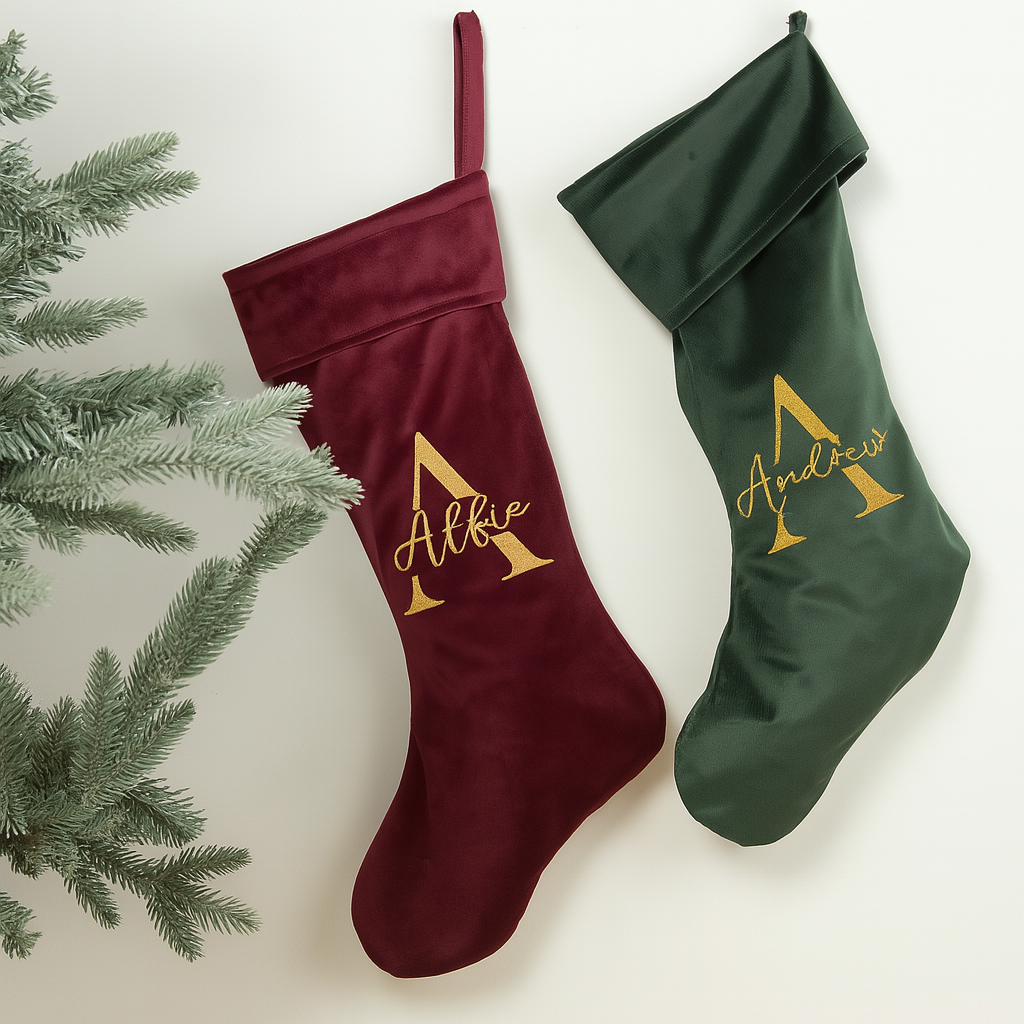 Luxury Personalised Velvet Christmas Stocking – Custom Initial & Name