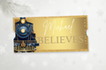 Luxurious navy and gold vintage train ticket with glitter details, personalised with the name Michael and the word BELIEVES—styled on a snowy white festive backdrop.