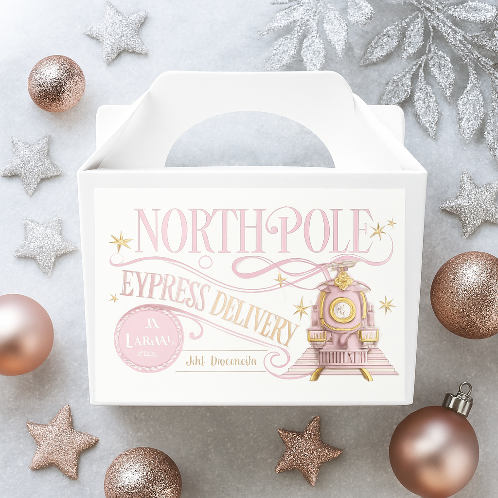 White North Pole Express treat box with pink and gold vintage train design, glitter accents, and elegant Christmas typography. Surrounded by rose gold and silver ornaments on a snowy background.