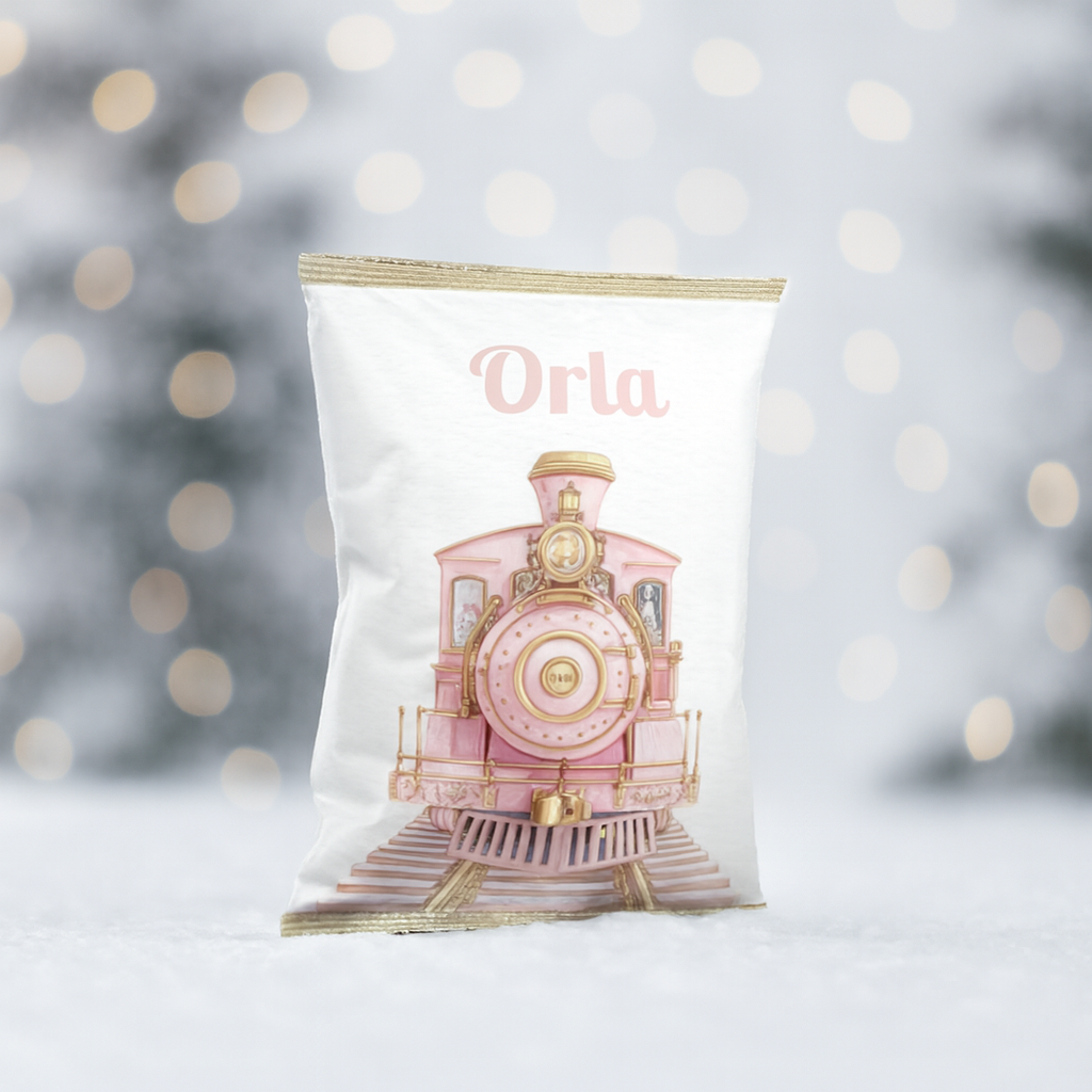 Luxury personalised pink Christmas treat bag with vintage train illustration and name ‘Orla’ in festive font