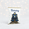Luxury personalised blue Christmas treat bag with vintage train illustration and name ‘Tommy’ in festive font