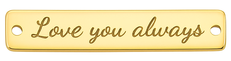 Gold nameplates with engraved text on a white background