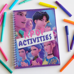 Notebook titled 'KPOP Activities' with colorful markers on a white background