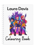 Colouring book with characters and 'Laura Davis' branding on a white background