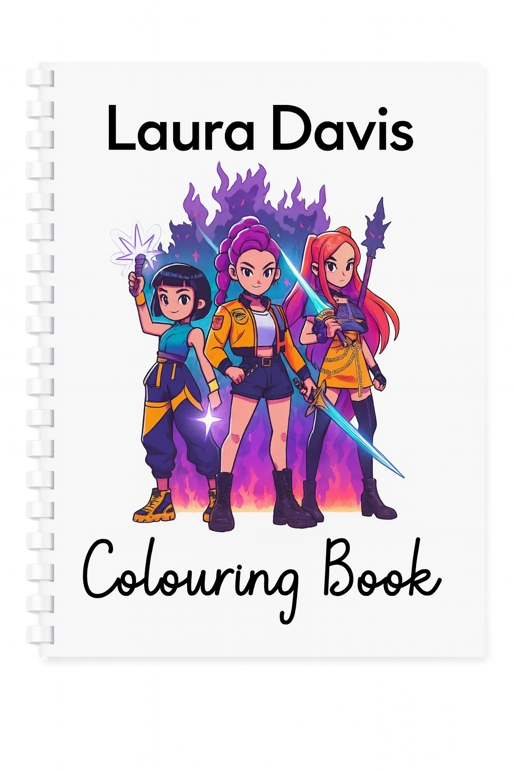 Colouring book with characters and 'Laura Davis' branding on a white background