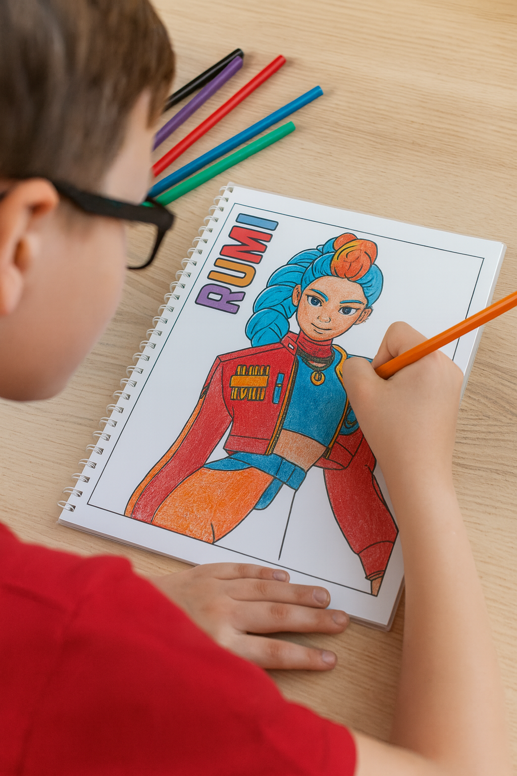 Child coloring a picture of a character named 'Romi' with colored pencils on a wooden table.