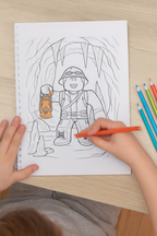 Coloring book with a character and a child coloring with a pencil on a wooden table.