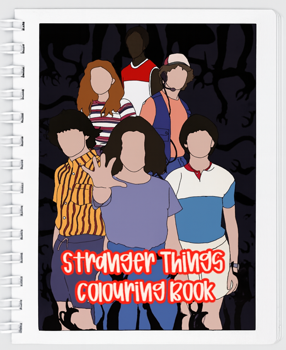 Stranger Things coloring book with characters on the cover