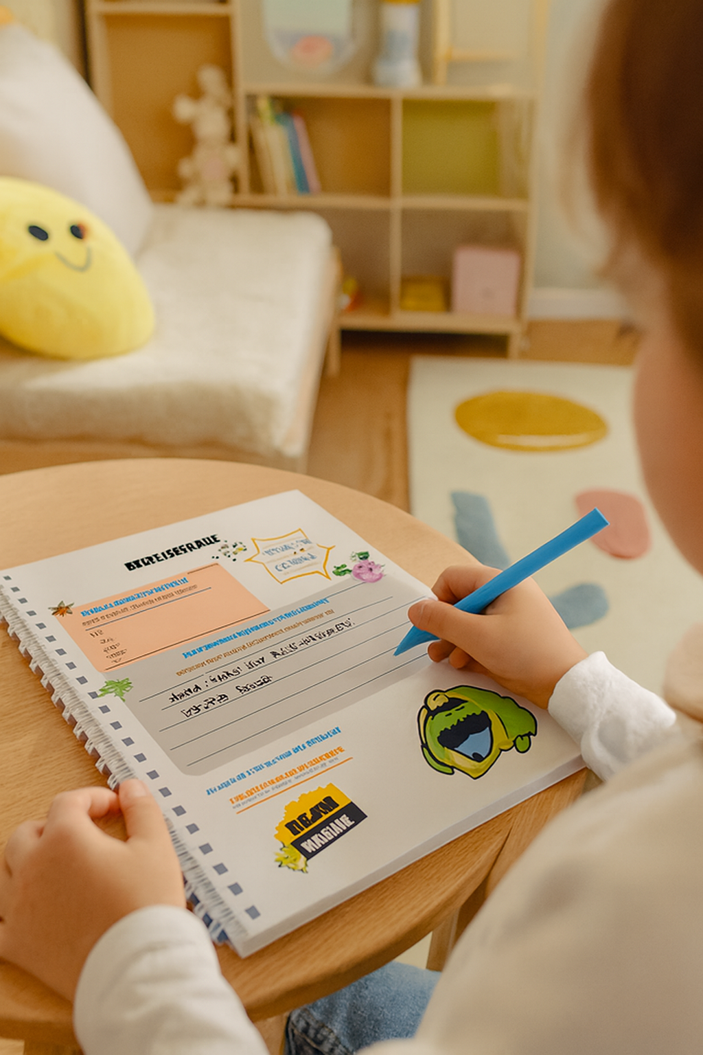 Child writing in a notebook with colorful illustrations in a cozy room.