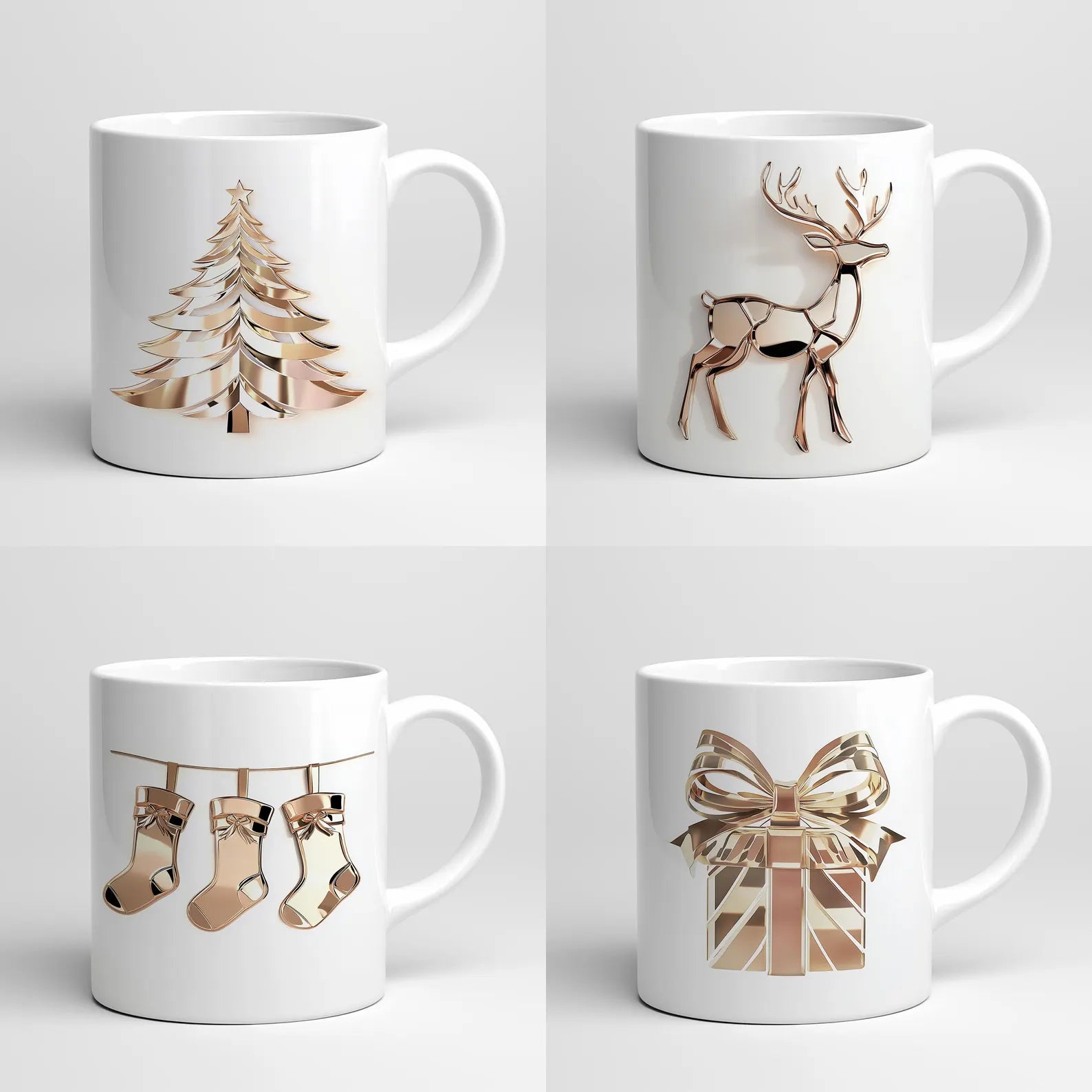 Four white mugs with rose gold Christmas-themed designs on a light gray background