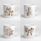 Four white mugs with gold Christmas-themed designs on a light gray background
