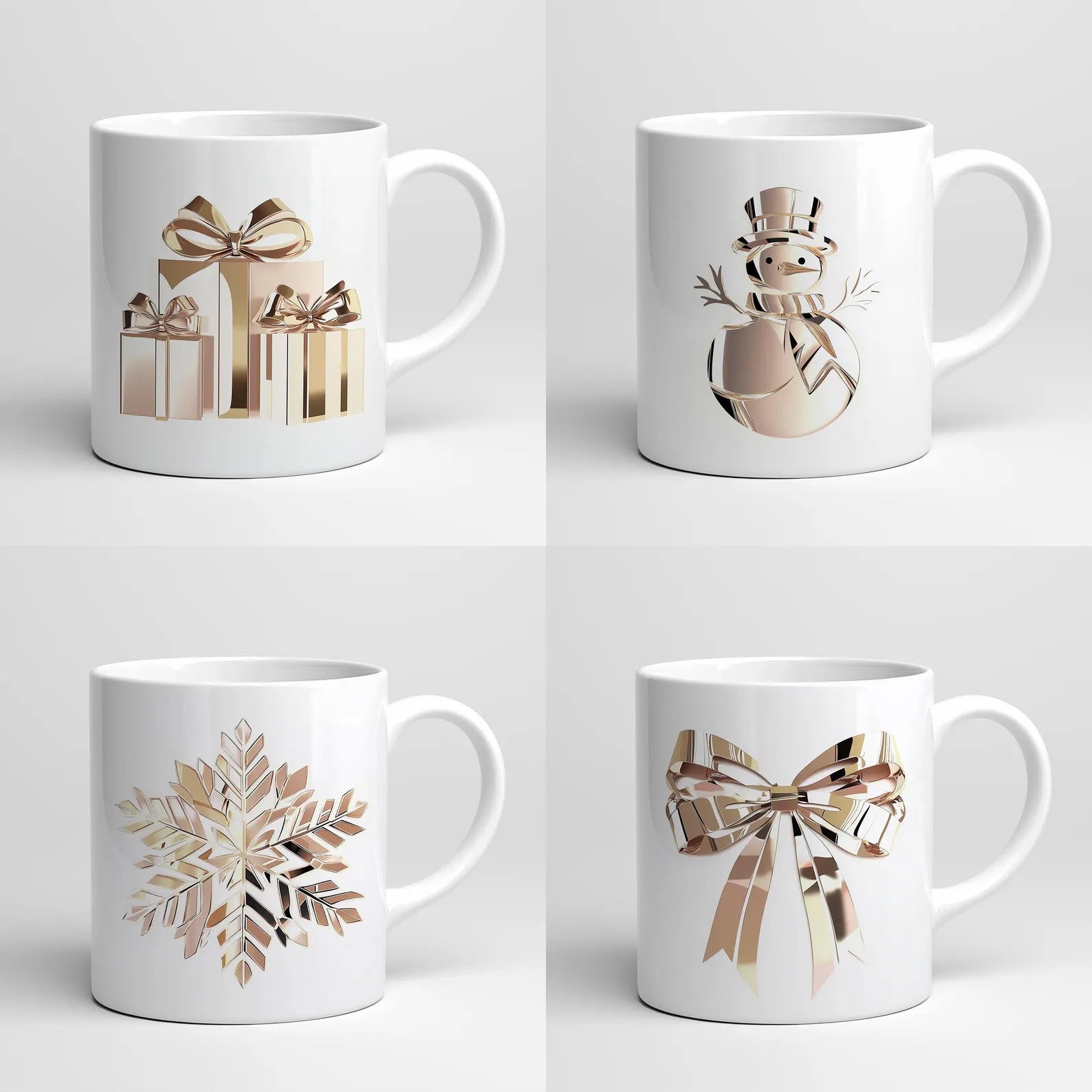 Four white mugs with gold Christmas-themed designs on a light gray background