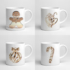 Four white mugs with festive designs on a light gray background