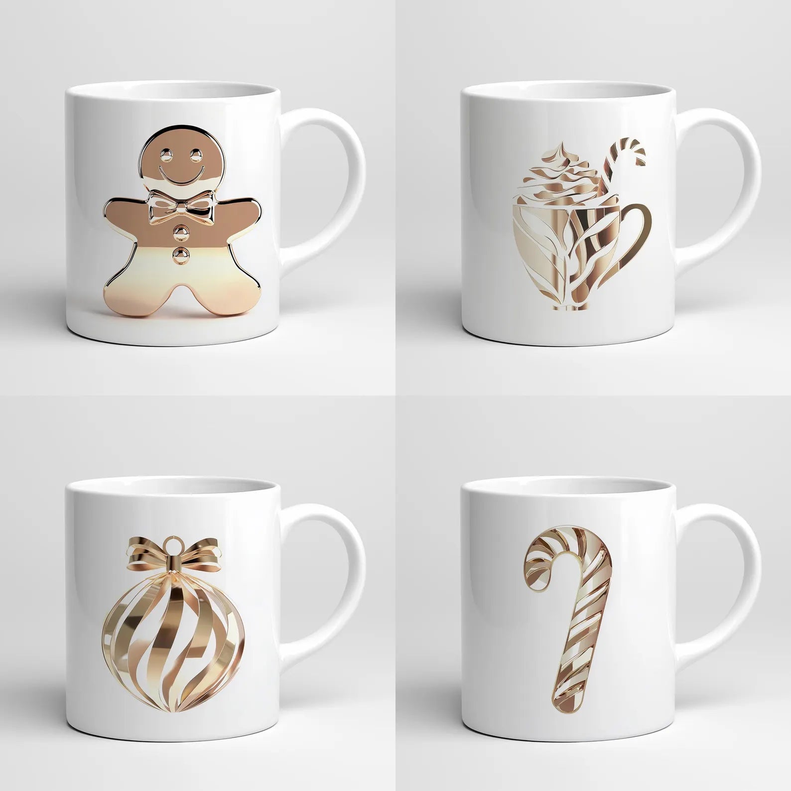Four white mugs with festive designs on a light gray background