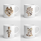 Four white mugs with decorative metallic designs on a light gray background