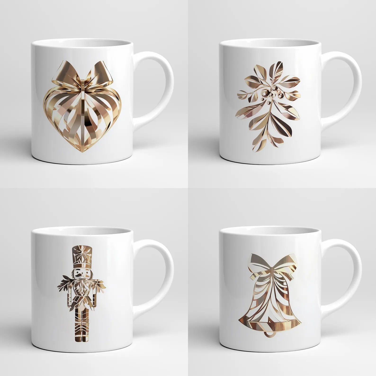 Four white mugs with decorative metallic designs on a light gray background
