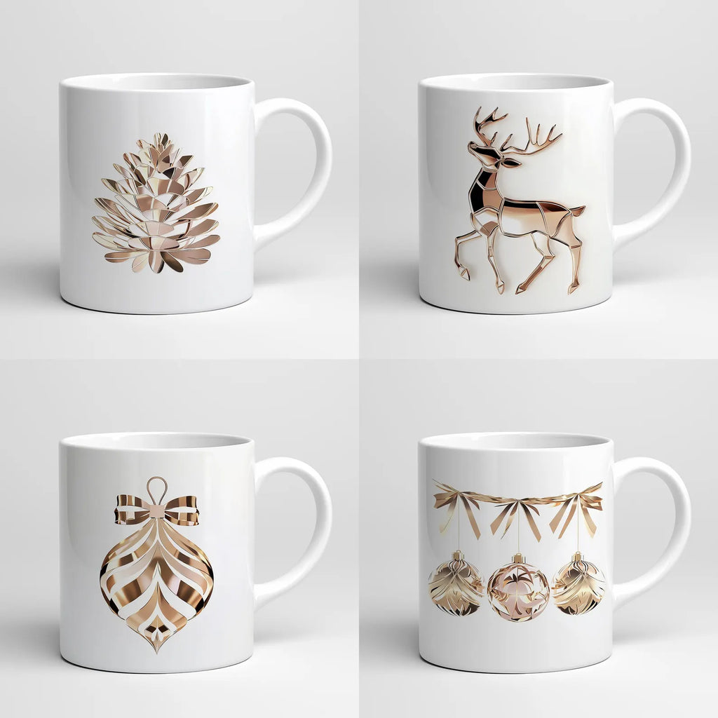 Four white mugs with gold Christmas-themed designs on a light gray background