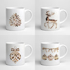 Four white mugs with gold Christmas-themed designs on a light gray background