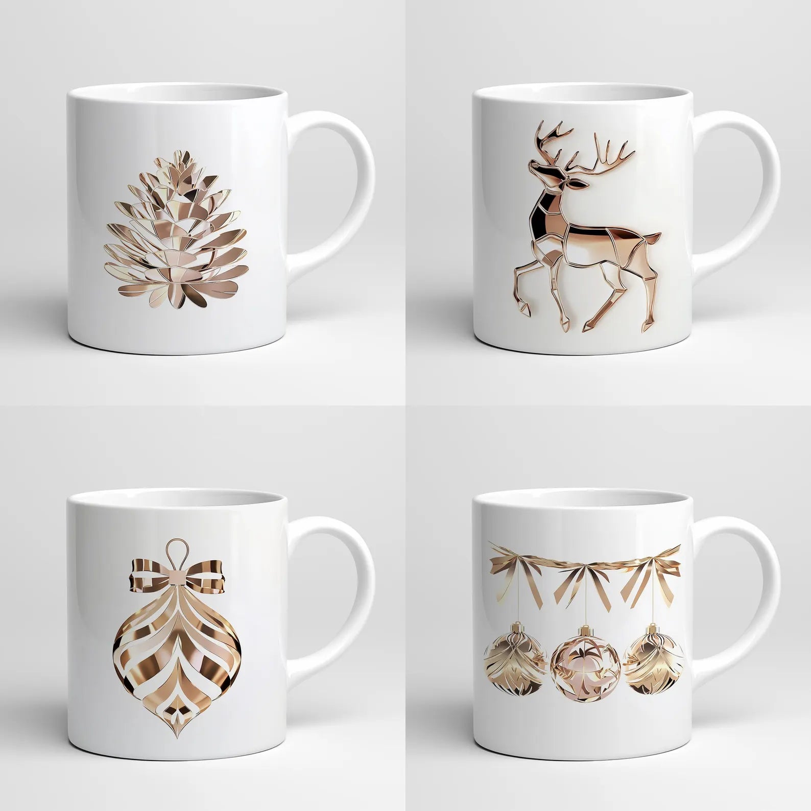 Four white mugs with gold Christmas-themed designs on a light gray background