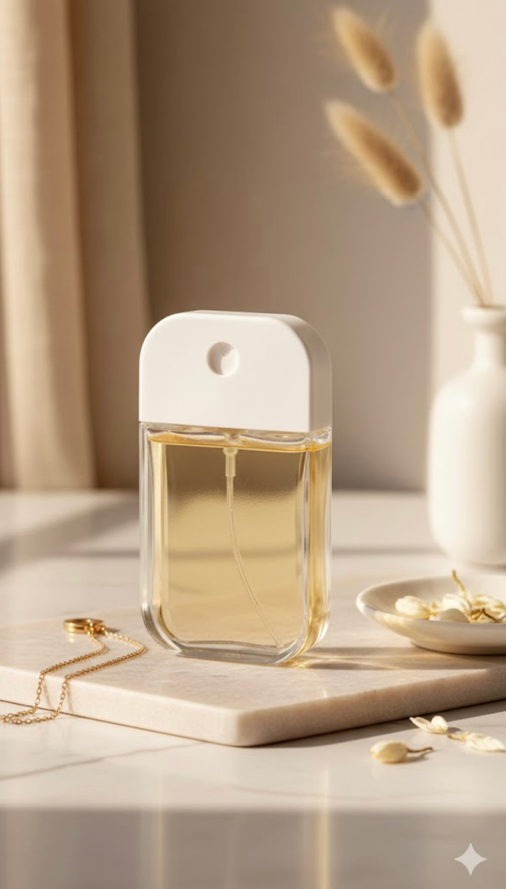 Golden Muse Eau de Toilette bottle with gold accents on marble table surrounded by soft beige and champagne tone