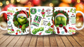 Festive ceramic mug with “Merry Grinchmas” wrap design featuring The Grinch, candy canes, ornaments, and snowflakes on a white 11oz mug.