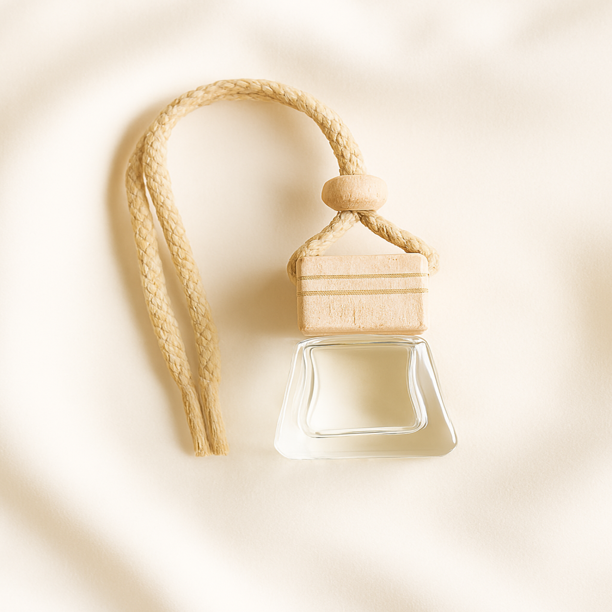 Hanging glass car perfume bottle with wooden cap suspended from rearview mirror, glowing in natural light with soft background tones