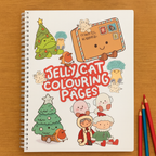 Jelly Cat Colouring Pages book with cartoon characters on a wooden surface