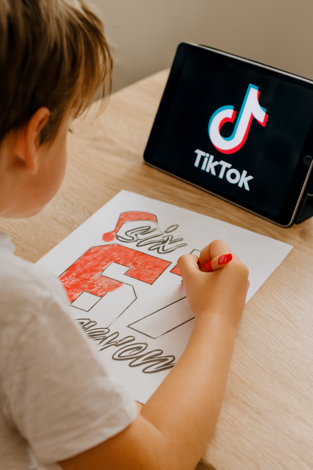 Child coloring a letter 'F' with a red marker next to a tablet displaying the TikTok logo.