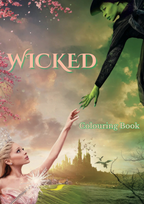 A fantasy-style Wicked-themed colouring book cover showing a magical landscape with a castle in the distance. A green-skinned witch dressed in dark clothing reaches her hand downward, while a blonde fairy-like woman in a sparkling gown reaches upward with a wand. The background features pink blossoms, dramatic clouds, and flying creatures.