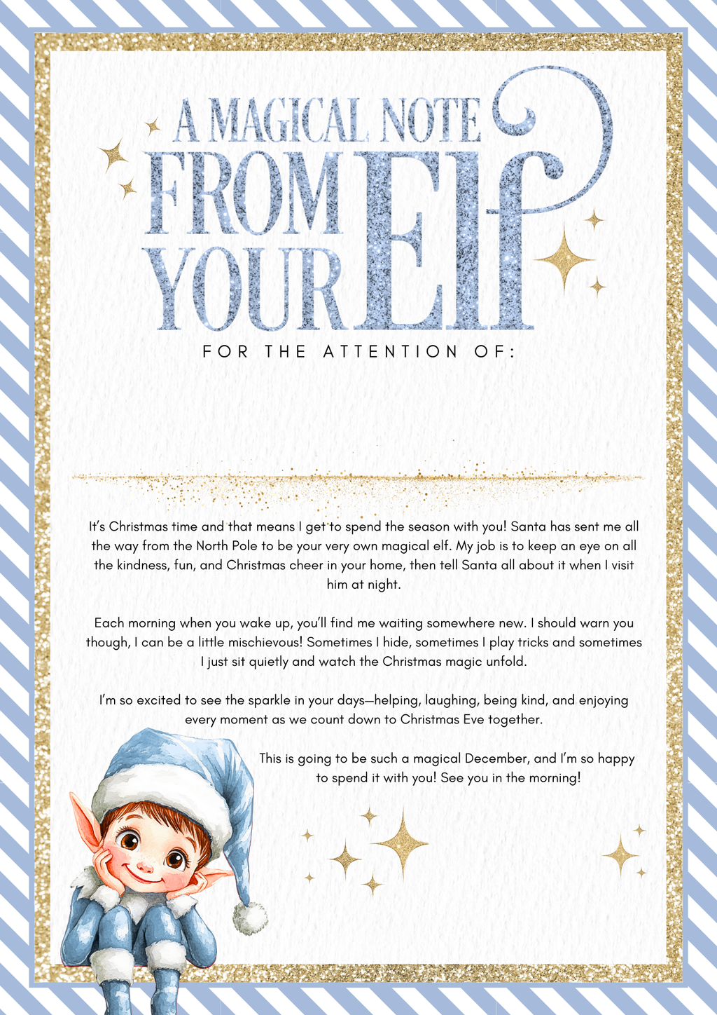 Festive elf arrival note available in red, pink, or blue with striped borders, glittery accents, and a cheerful elf illustration. Includes the heading “A Magical Note From Your Elf” and space for personalisation in gold vinyl. Designed for Christmas Eve boxes and elf arrival traditions.