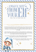 Festive elf arrival note available in red, pink, or blue with striped borders, glittery accents, and a cheerful elf illustration. Includes the heading “A Magical Note From Your Elf” and space for personalisation in gold vinyl. Designed for Christmas Eve boxes and elf arrival traditions.
