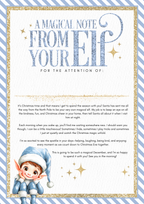 Festive elf arrival note available in red, pink, or blue with striped borders, glittery accents, and a cheerful elf illustration. Includes the heading “A Magical Note From Your Elf” and space for personalisation in gold vinyl. Designed for Christmas Eve boxes and elf arrival traditions.