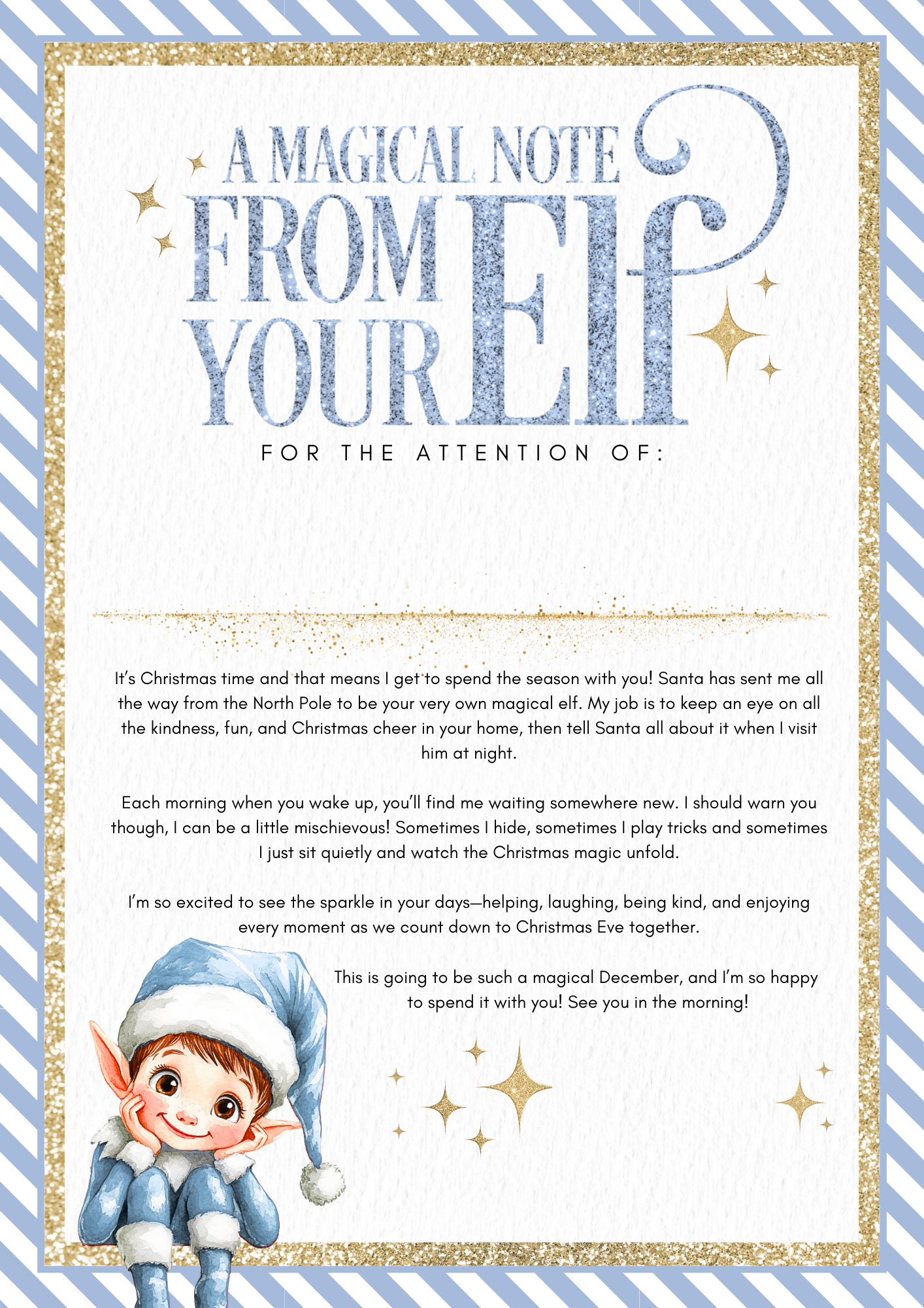Festive elf arrival note available in red, pink, or blue with striped borders, glittery accents, and a cheerful elf illustration. Includes the heading “A Magical Note From Your Elf” and space for personalisation in gold vinyl. Designed for Christmas Eve boxes and elf arrival traditions.