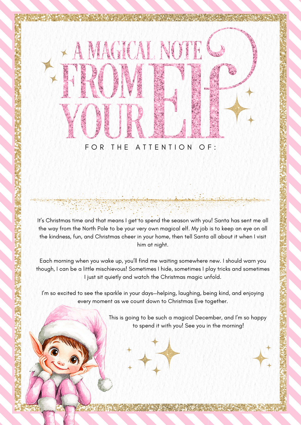 Festive elf arrival note available in red, pink, or blue with striped borders, glittery accents, and a cheerful elf illustration. Includes the heading “A Magical Note From Your Elf” and space for personalisation in gold vinyl. Designed for Christmas Eve boxes and elf arrival traditions.