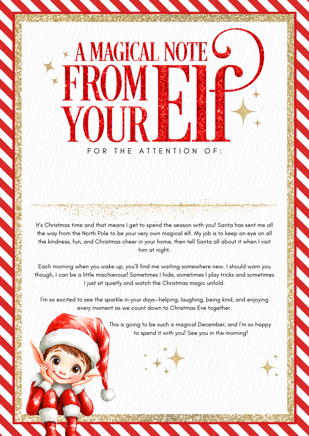 Festive elf arrival note available in red, pink, or blue with striped borders, glittery accents, and a cheerful elf illustration. Includes the heading “A Magical Note From Your Elf” and space for personalisation in gold vinyl. Designed for Christmas Eve boxes and elf arrival traditions.