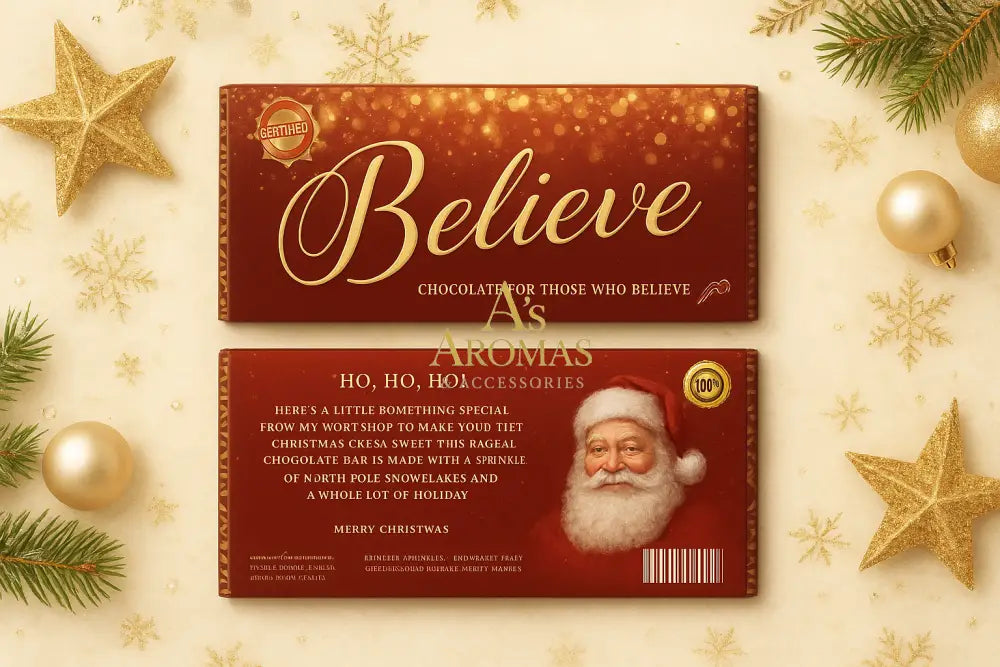 “Believe” Personalised Christmas Chocolate Bar – 100g | Red Blue or Gold Wrapper Radiant Red / Yes Candy and Chocolate