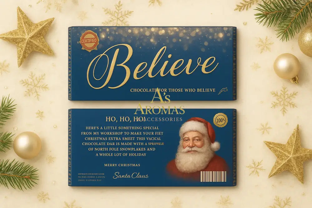 Front and back of dark blue “Believe” Christmas chocolate bar wrapper featuring gold script, festive sparkles, a certified seal, and a whimsical message from Santa Claus with his portrait. Designed for personalised holiday gifting.