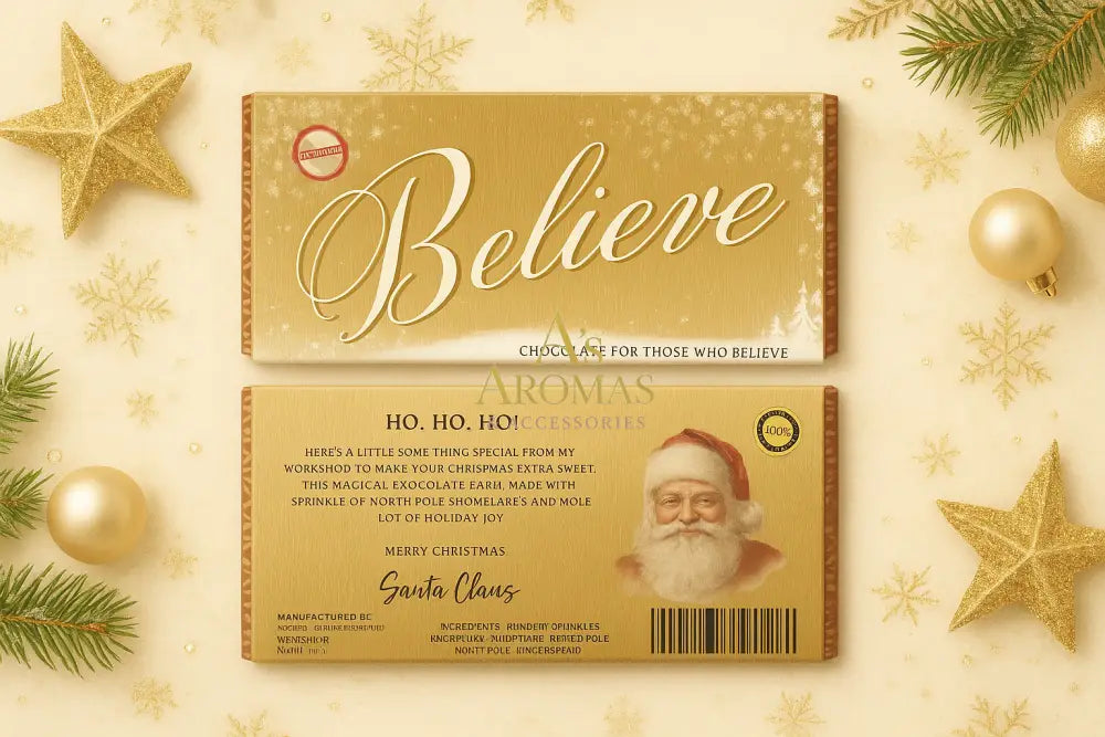 “Believe” Personalised Christmas Chocolate Bar – 100g | Red Blue or Gold Wrapper Timeless Gold / Yes Candy and Chocolate