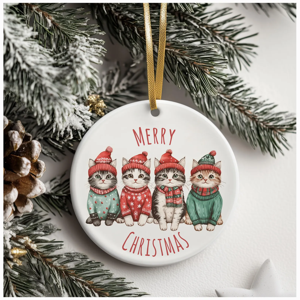 Round ceramic ornament with four cats dressed in winter sweaters and hats, surrounded by pine needles and a pine cone, with “MERRY CHRISTMAS” in red capital letters.