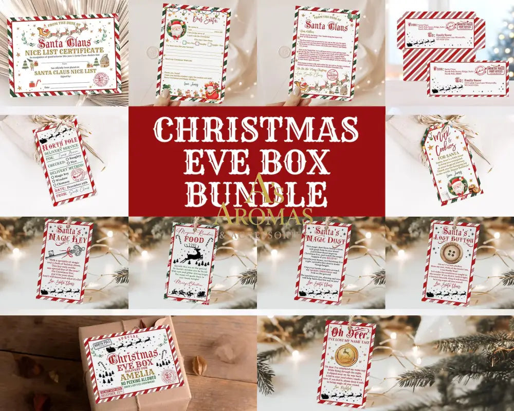 Personalised Christmas Eve Box printable bundle with Santa letters, Nice List certificate, festive tags, and activity checklist